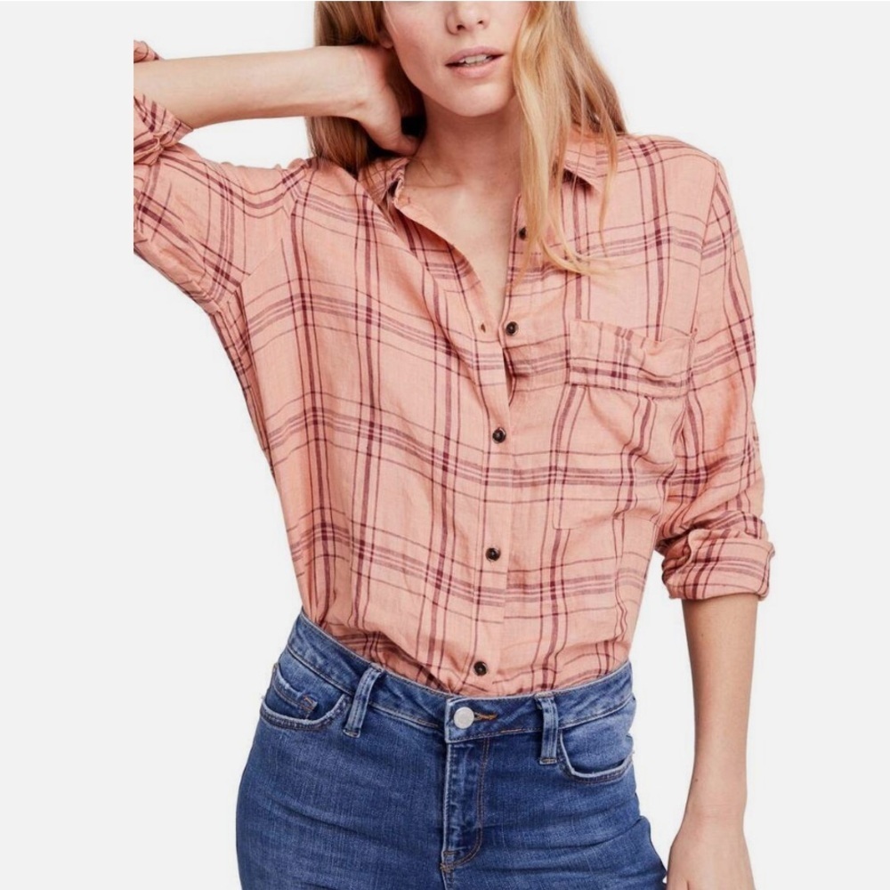 Free People No Limits Plaid Linen Button Down Shirt - Small